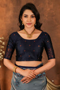 Premium Steel Grey Silk Saree with Royal Navy Paisley Border & Designer Pallu