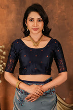 Premium Steel Grey Silk Saree with Royal Navy Paisley Border & Designer Pallu