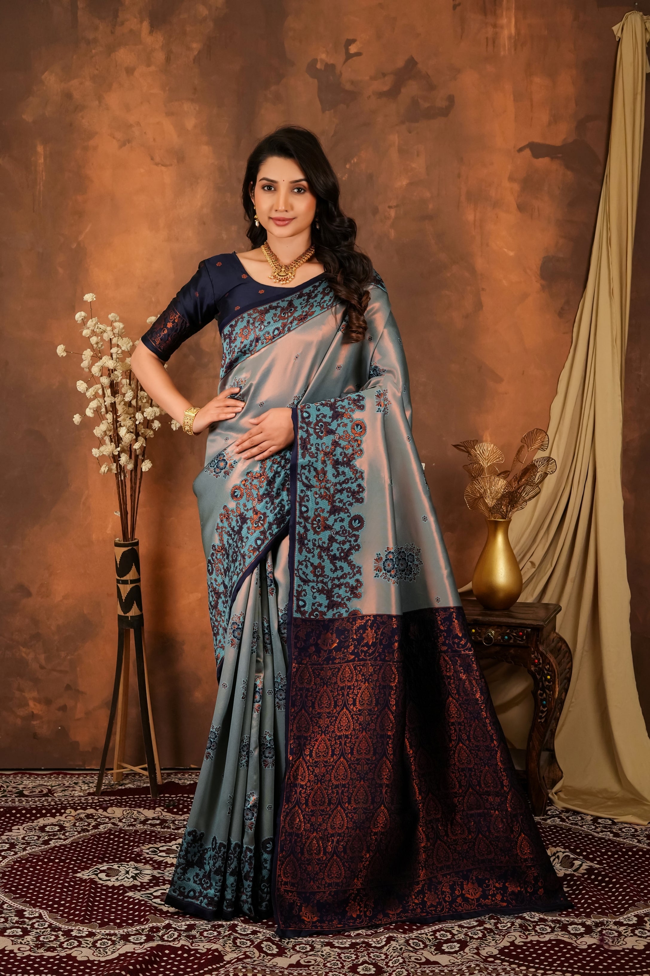 Premium Steel Grey Silk Saree with Royal Navy Paisley Border & Designer Pallu