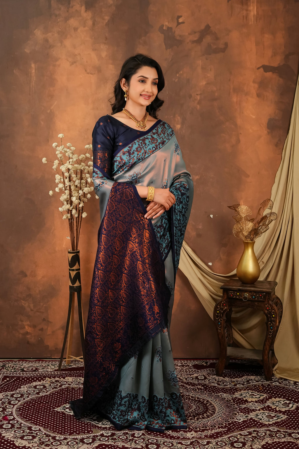 Premium Steel Grey Silk Saree with Royal Navy Paisley Border & Designer Pallu