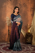 Premium Steel Grey Silk Saree with Royal Navy Paisley Border & Designer Pallu