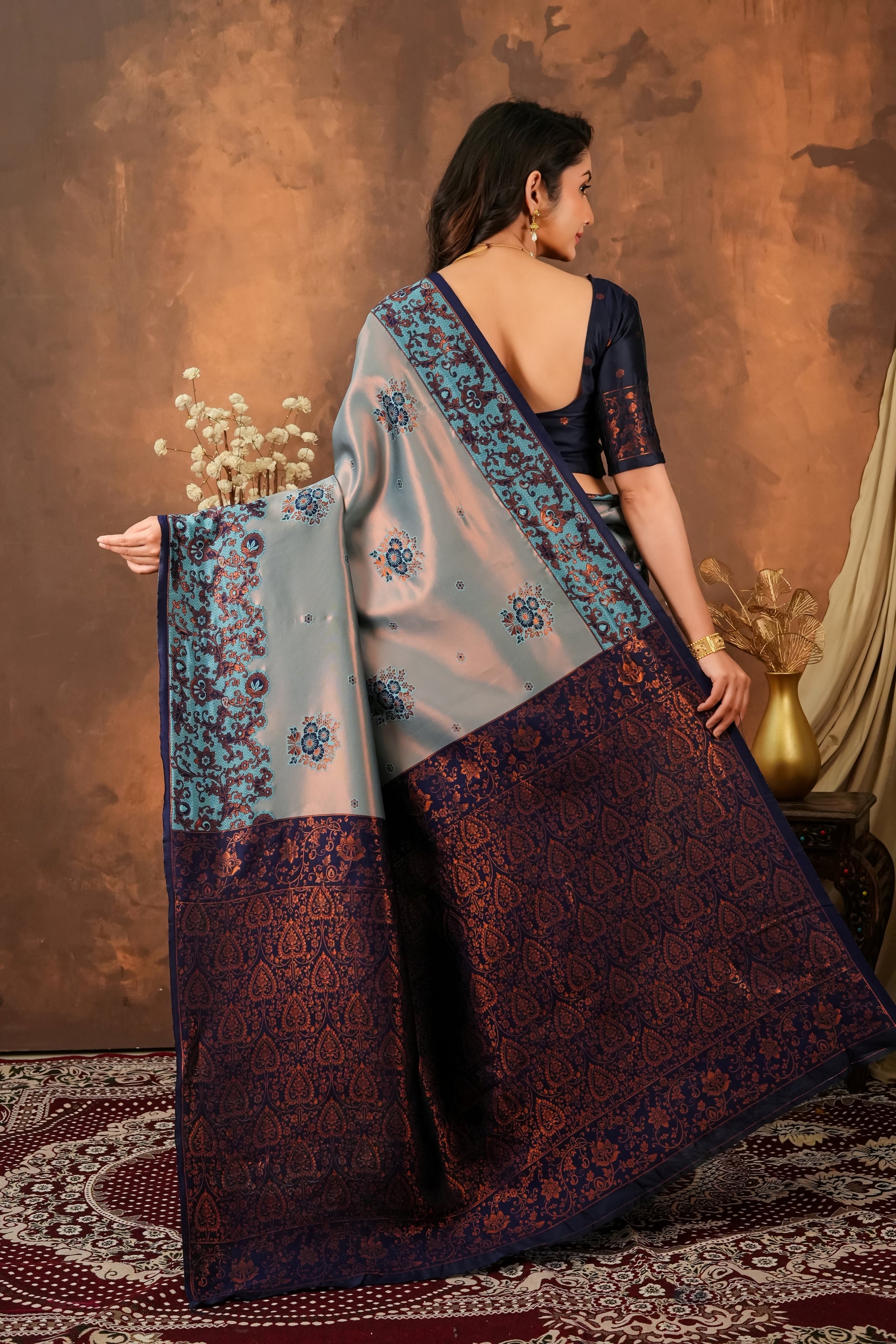 Premium Steel Grey Silk Saree with Royal Navy Paisley Border & Designer Pallu