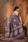 Vedrani Dusty Mauve Floral Woven Soft Silk Designer Saree for Festive & Wedding Elegance