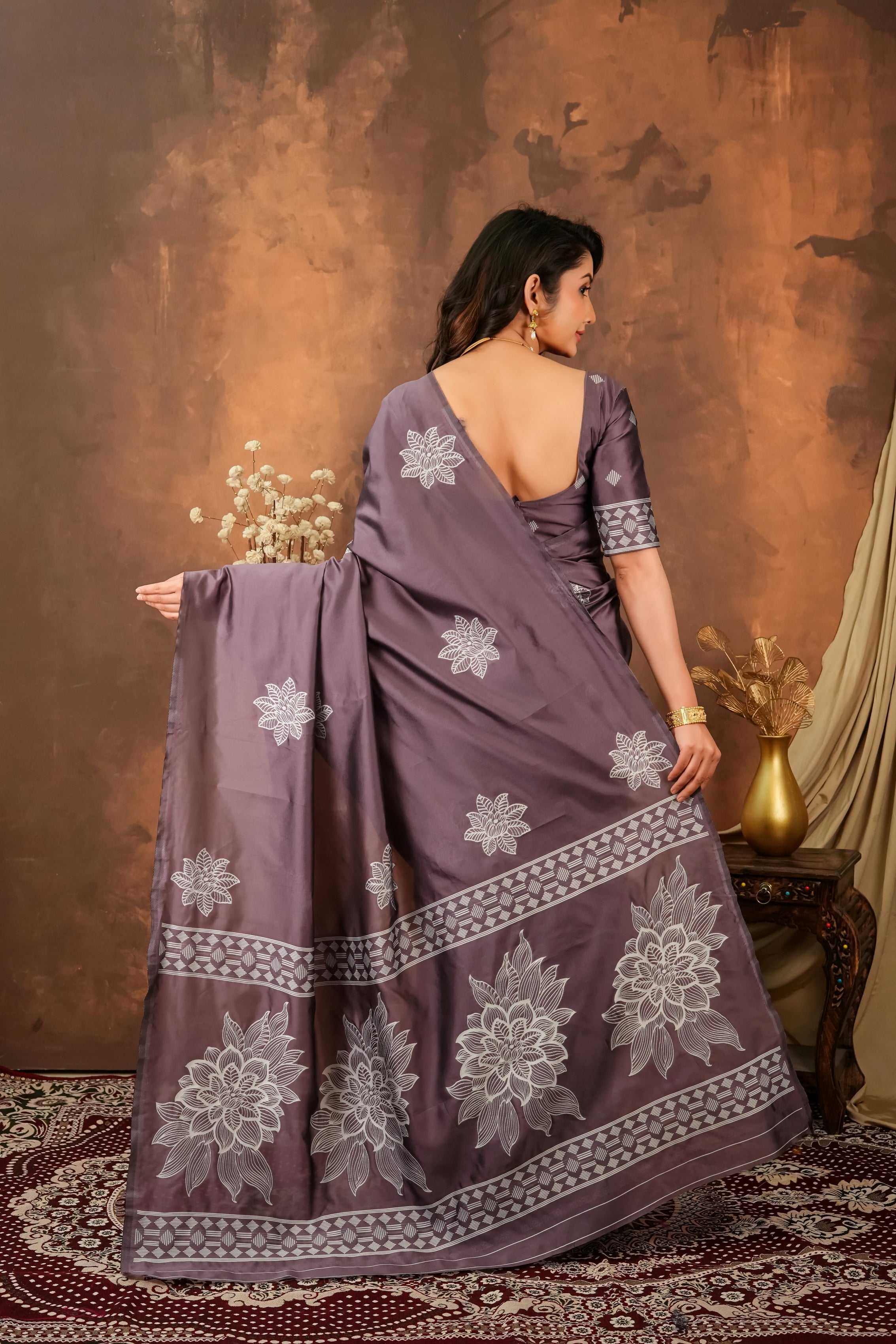 Vedrani Dusty Mauve Floral Woven Soft Silk Designer Saree for Festive & Wedding Elegance