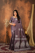 Vedrani Dusty Mauve Floral Woven Soft Silk Designer Saree for Festive & Wedding Elegance