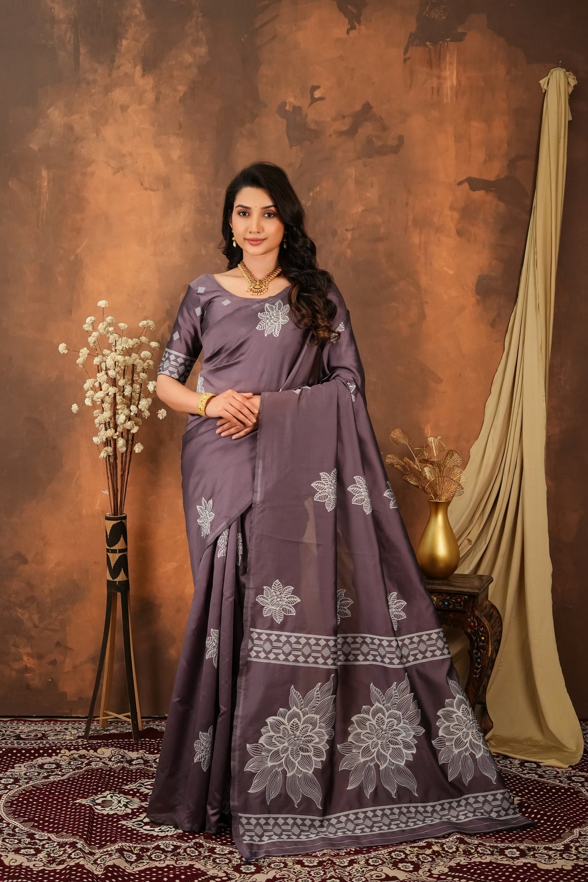 Vedrani Dusty Mauve Floral Woven Soft Silk Designer Saree for Festive & Wedding Elegance