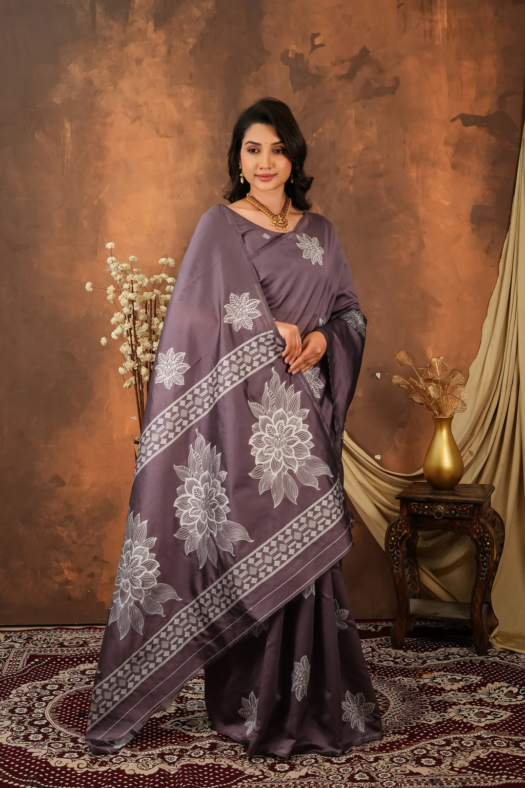 Vedrani Dusty Mauve Floral Woven Soft Silk Designer Saree for Festive & Wedding Elegance