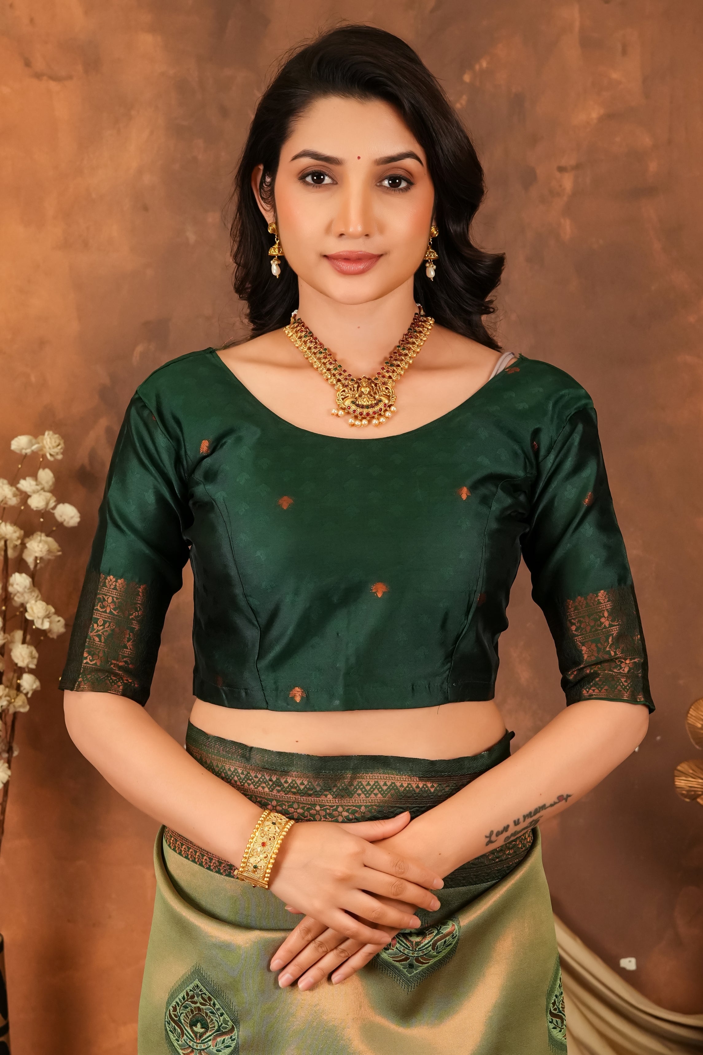 Premium Olive Green Jacquard Silk Saree with Rich Copper Zari Pallu