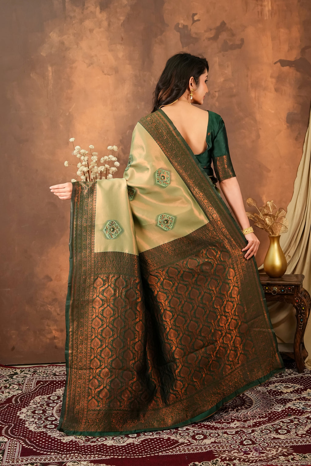 Premium Olive Green Jacquard Silk Saree with Rich Copper Zari Pallu