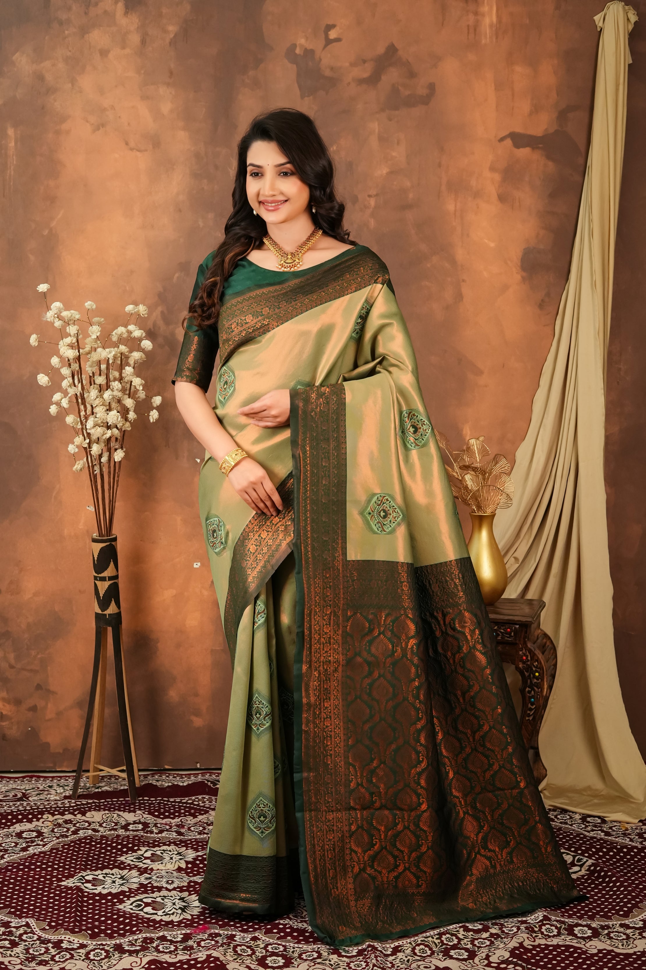 Premium Olive Green Jacquard Silk Saree with Rich Copper Zari Pallu