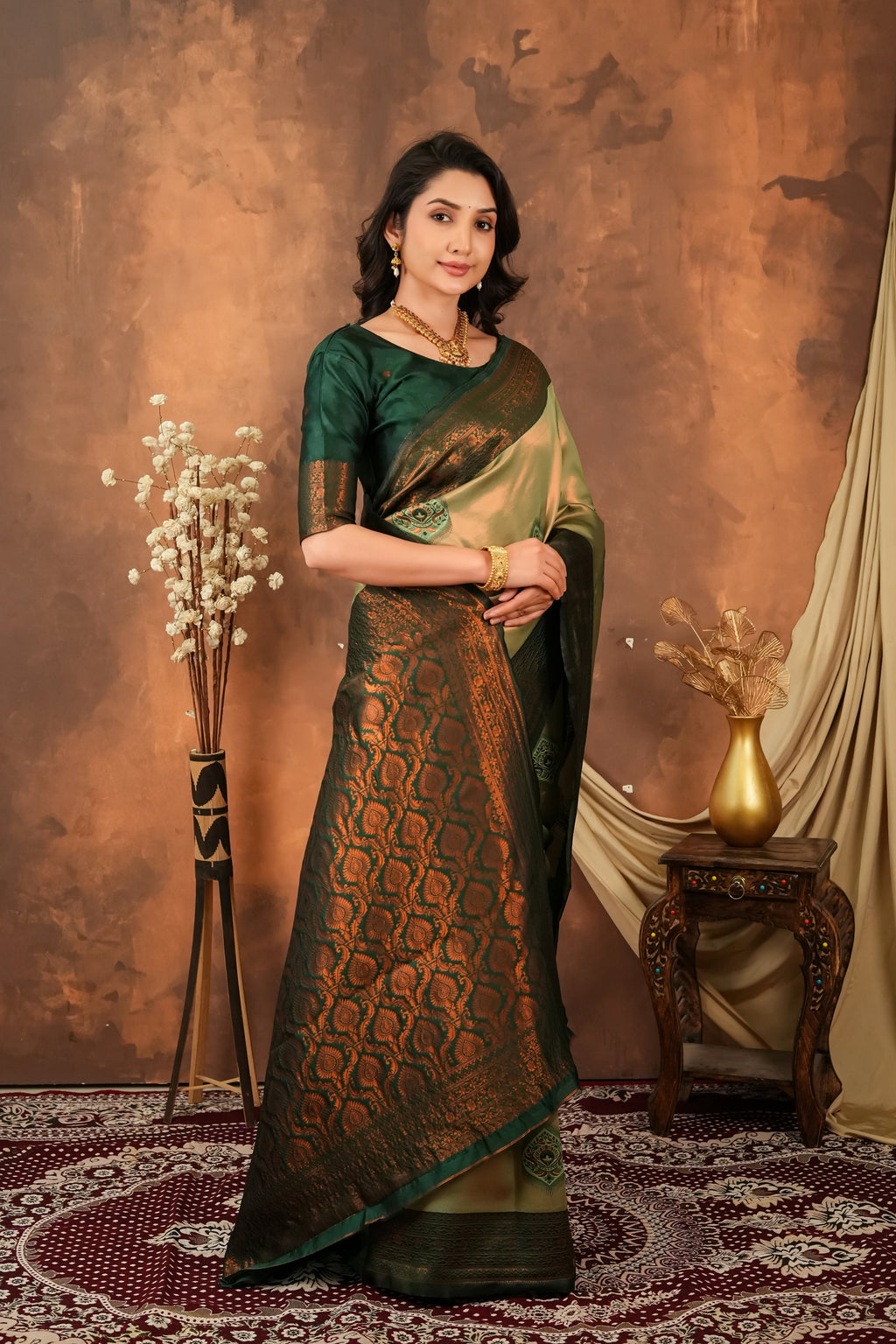 Premium Olive Green Jacquard Silk Saree with Rich Copper Zari Pallu