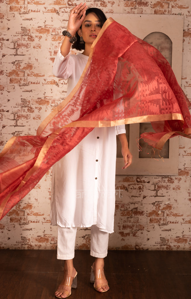 Stunning Peach Matka Silk Dupatta With Woven Jamdani Designs