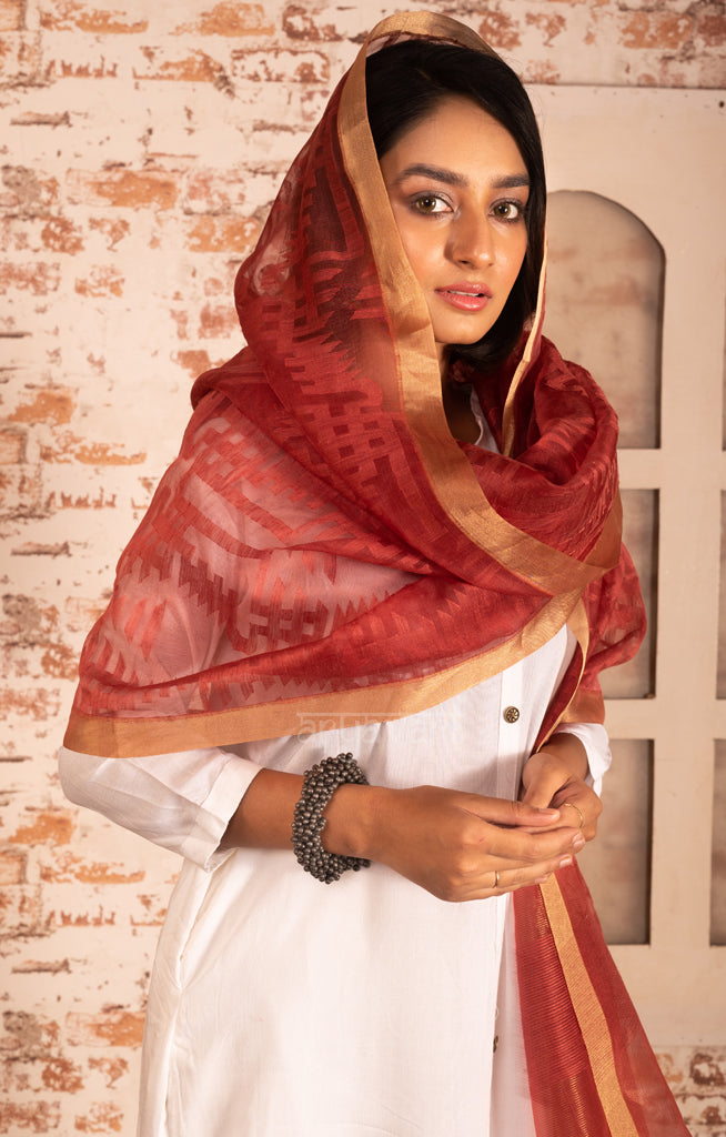 Stunning Peach Matka Silk Dupatta With Woven Jamdani Designs