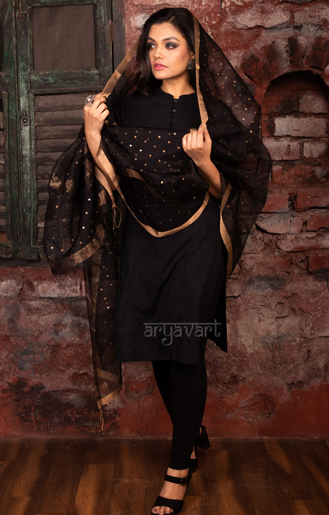 Black Silk Dupatta With Stunning Woven in Sequence