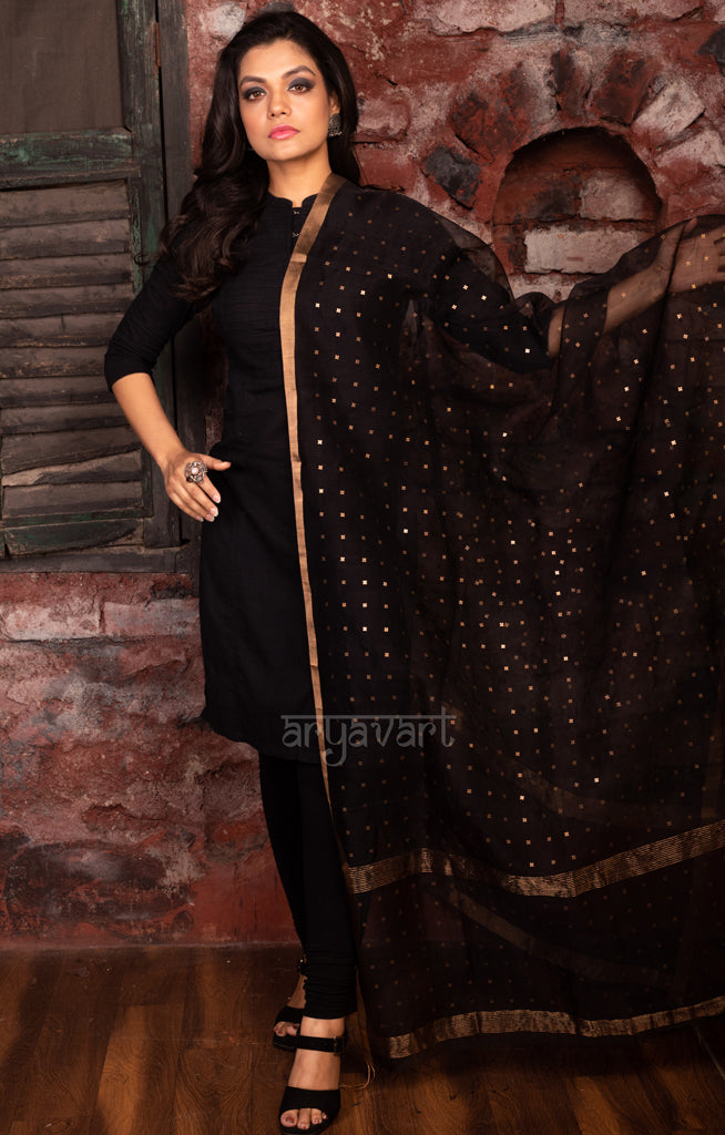 Black Silk Dupatta With Stunning Woven in Sequence