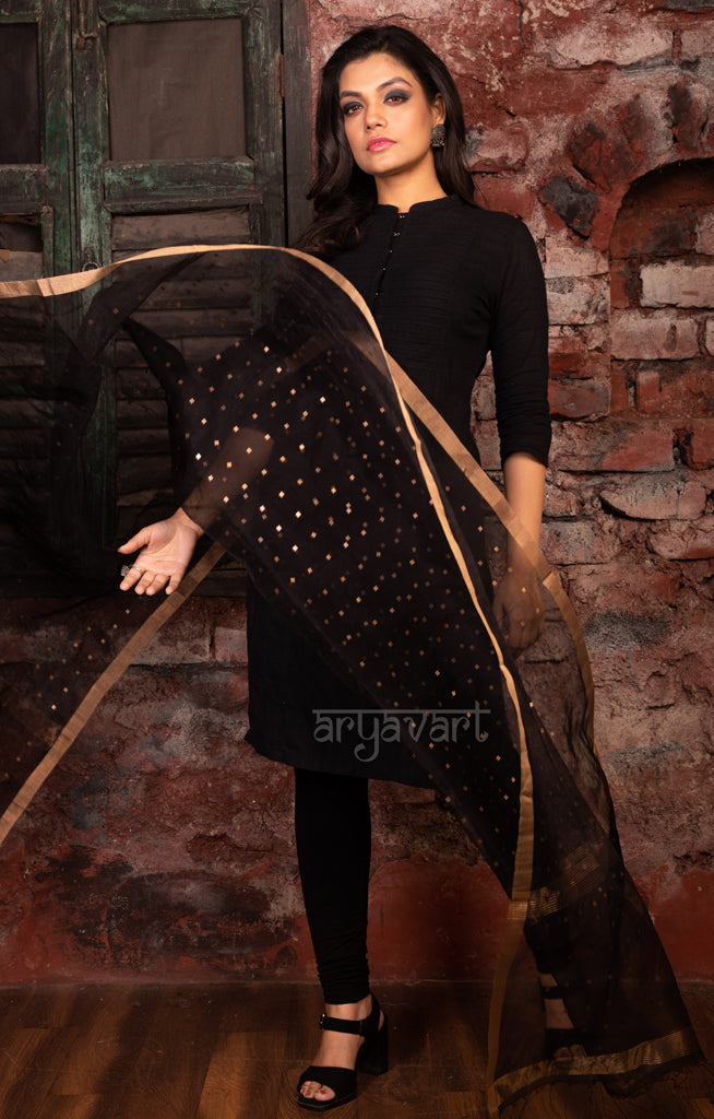 Black Silk Dupatta With Stunning Woven in Sequence