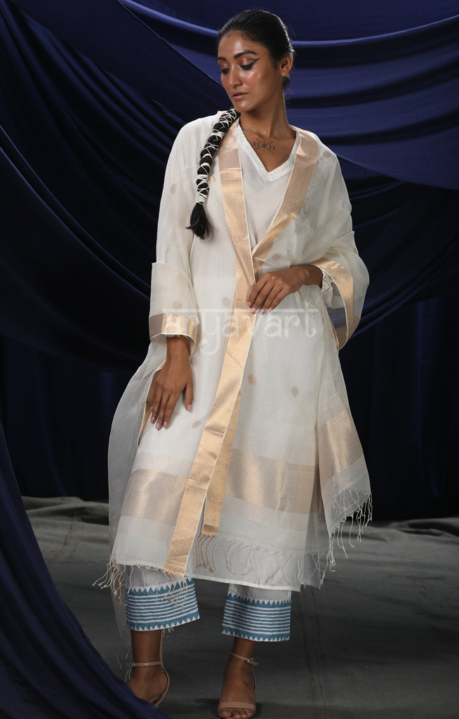 White Silk Dupatta With Plok Dots Woven Design