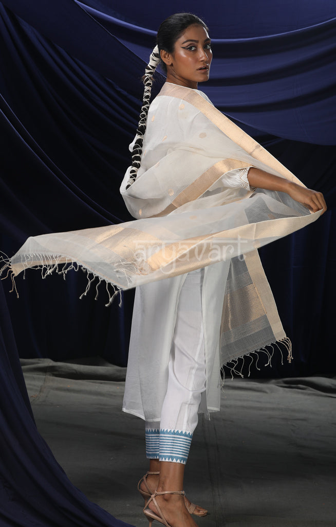 White Silk Dupatta With Plok Dots Woven Design
