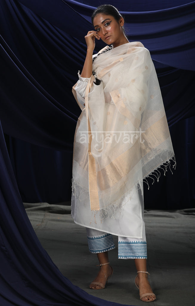 White Silk Dupatta With Plok Dots Woven Design