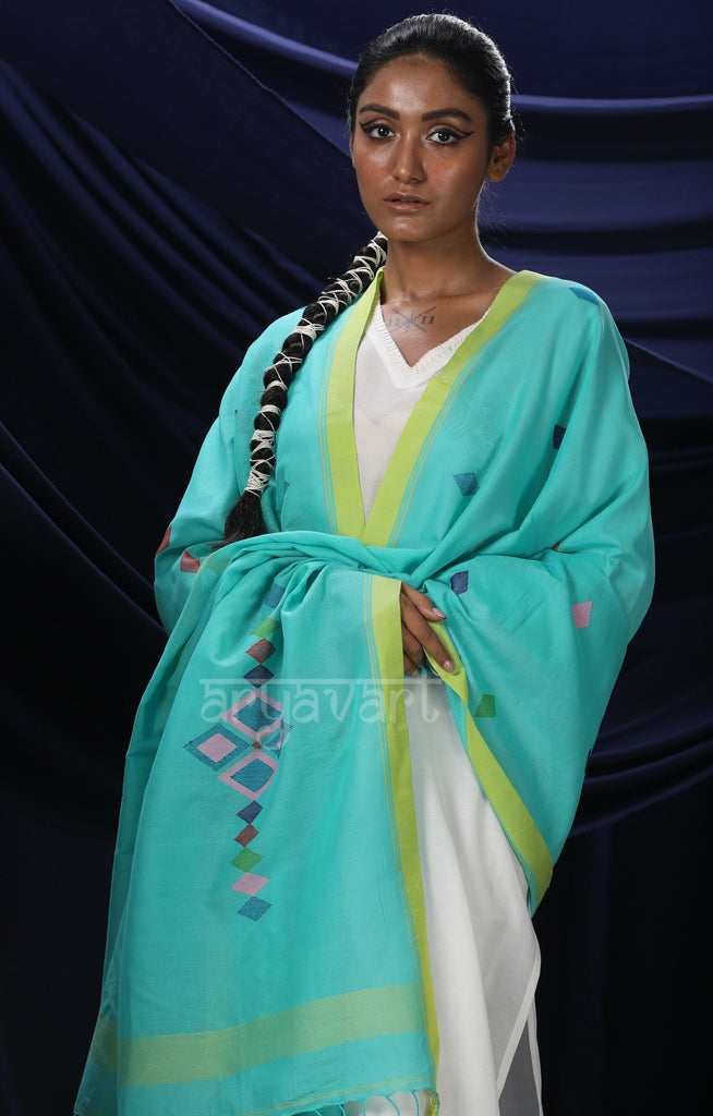 Turquoise Blue Dupatta with Geometric Jamdani design