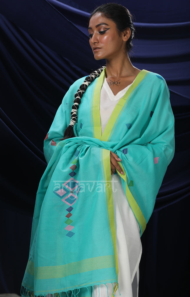 Turquoise Blue Dupatta with Geometric Jamdani design