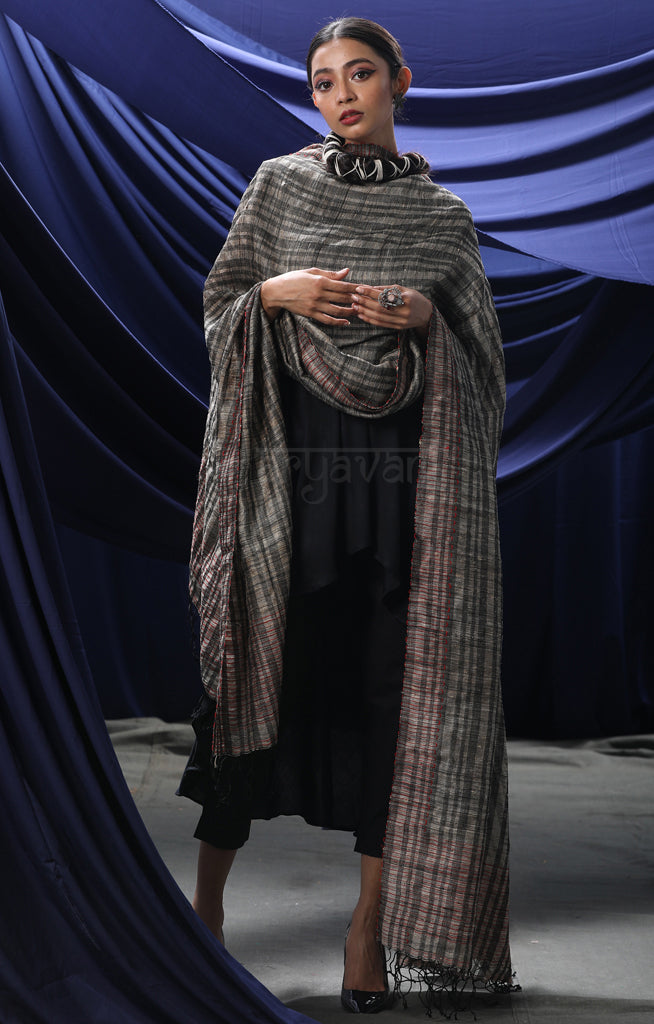Black & Beige Ghicha Silk Dupatta With Red Detailing