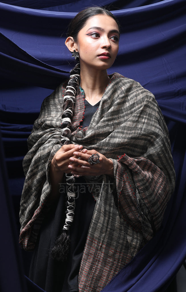 Black & Beige Ghicha Silk Dupatta With Red Detailing
