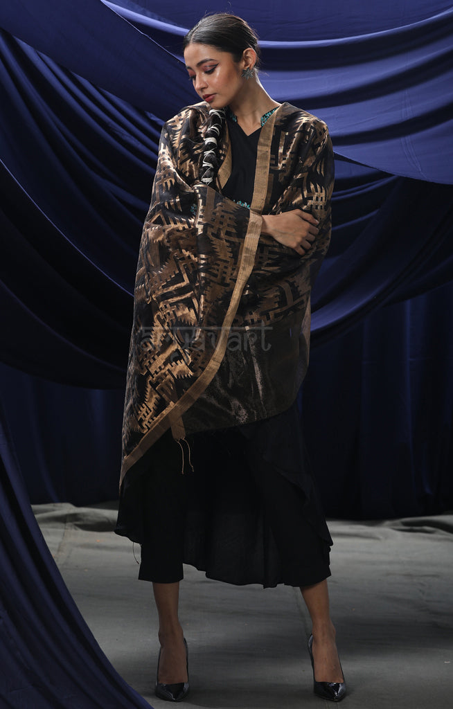 Black Silk Tissue Dupatta With Gold Zari Woven Design Motifs