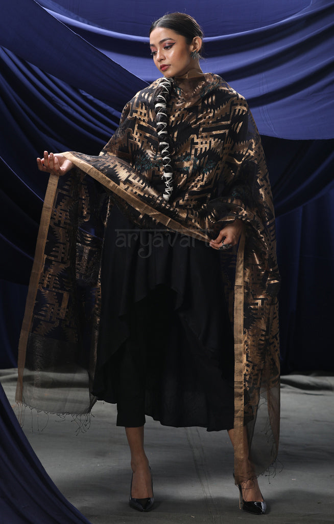 Black Silk Tissue Dupatta With Gold Zari Woven Design Motifs