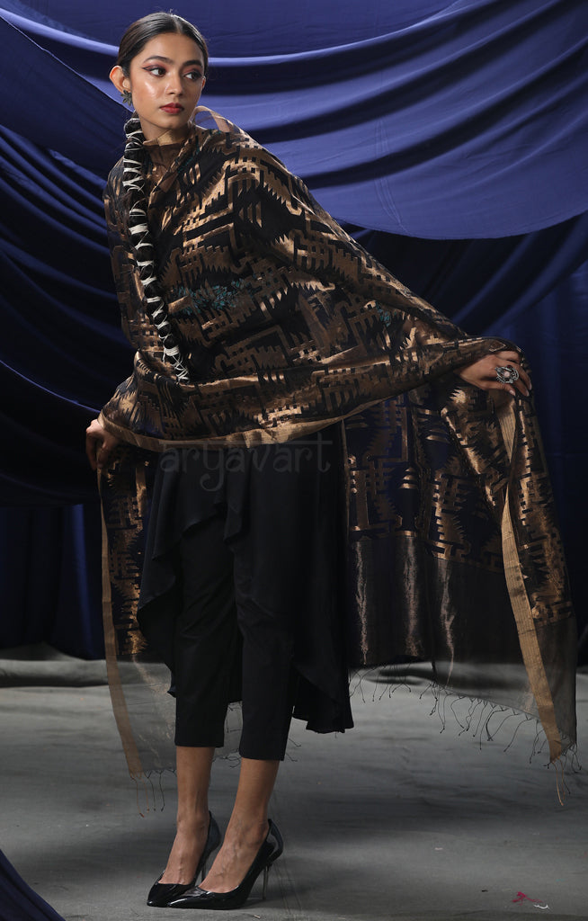 Black Silk Tissue Dupatta With Gold Zari Woven Design Motifs