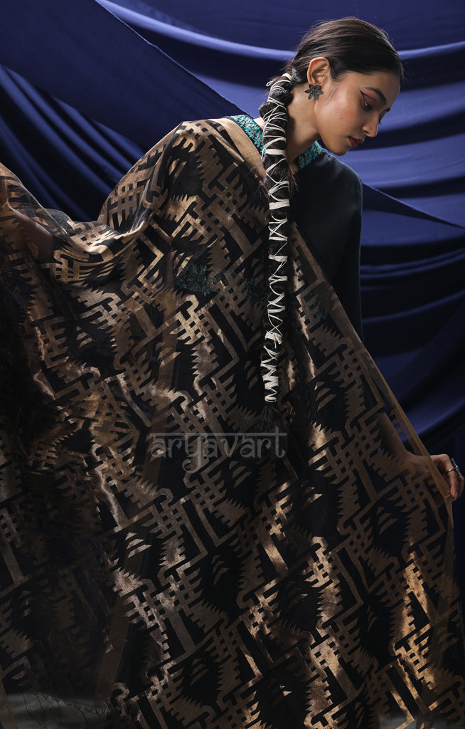 Black Silk Tissue Dupatta With Gold Zari Woven Design Motifs