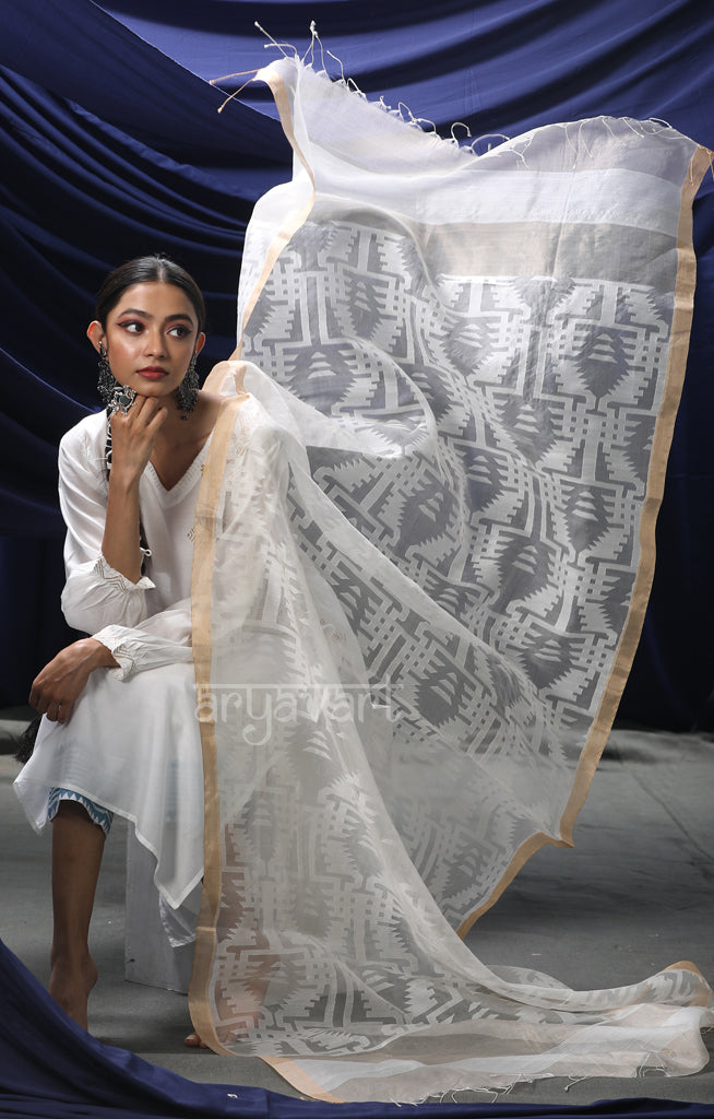 Swan White Silk Dupatta With Woven Design Motifs
