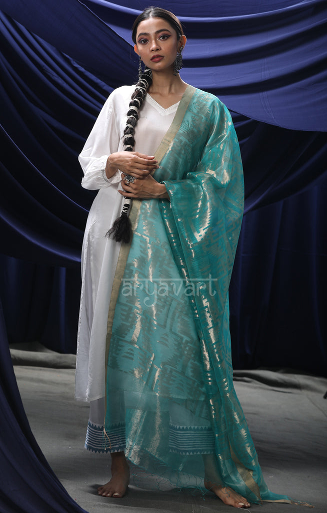 Turquoise Blue Silk Tissue Dupatta With Zari Woven Design