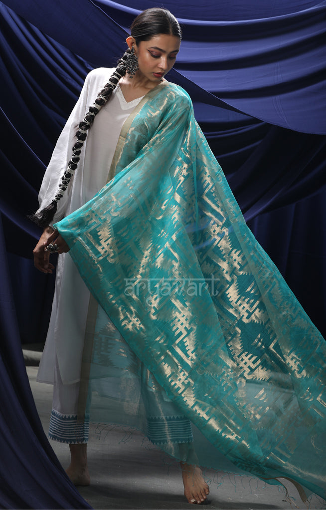 Turquoise Blue Silk Tissue Dupatta With Zari Woven Design