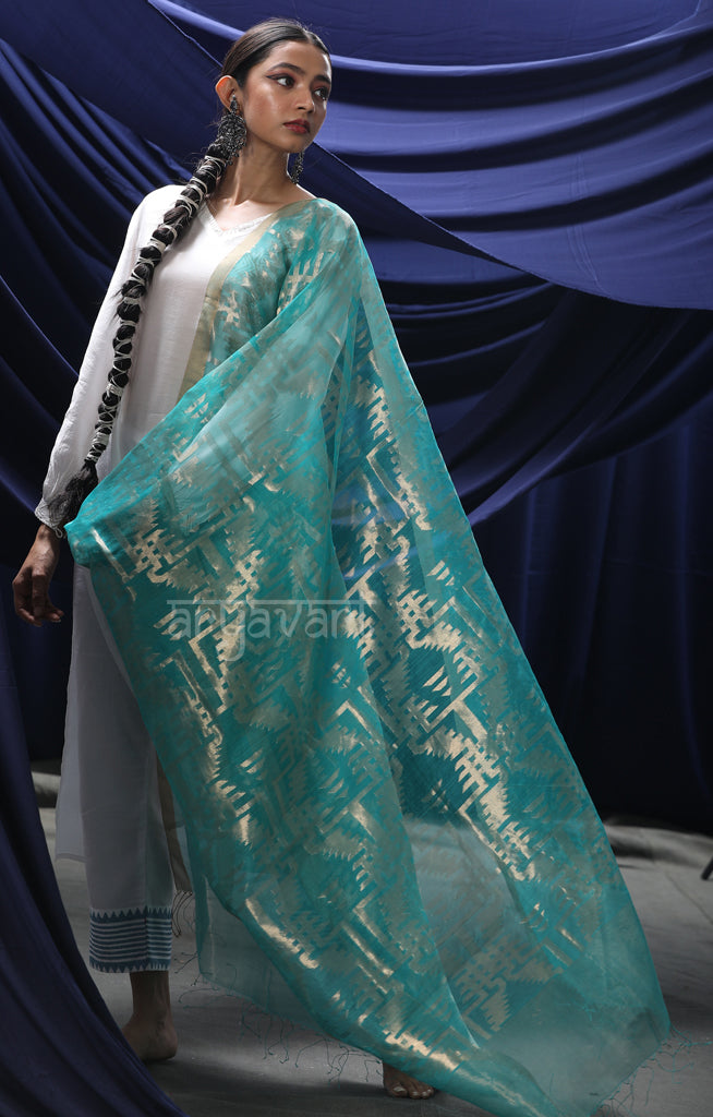 Turquoise Blue Silk Tissue Dupatta With Zari Woven Design