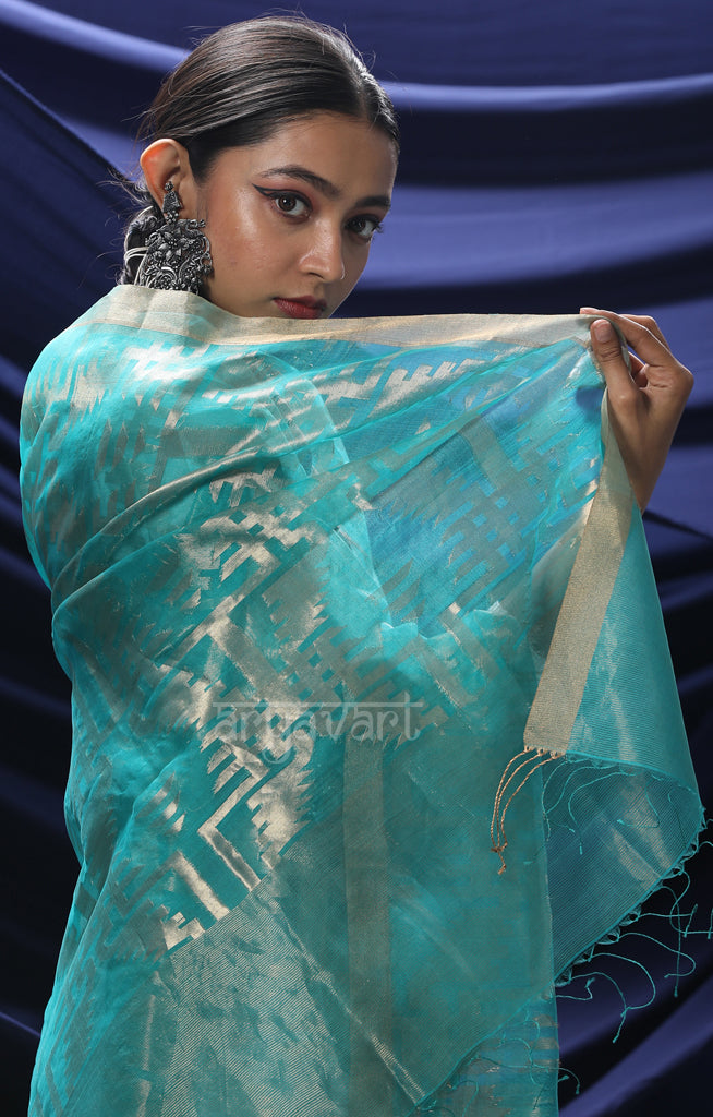 Turquoise Blue Silk Tissue Dupatta With Zari Woven Design