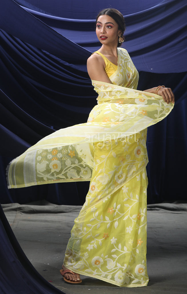 Lime Yellow Jamdani Saree with Striking Flower Vine Woven Design