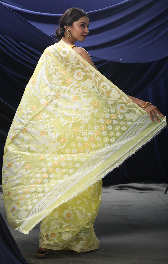 Lime Yellow Jamdani Saree with Striking Flower Vine Woven Design