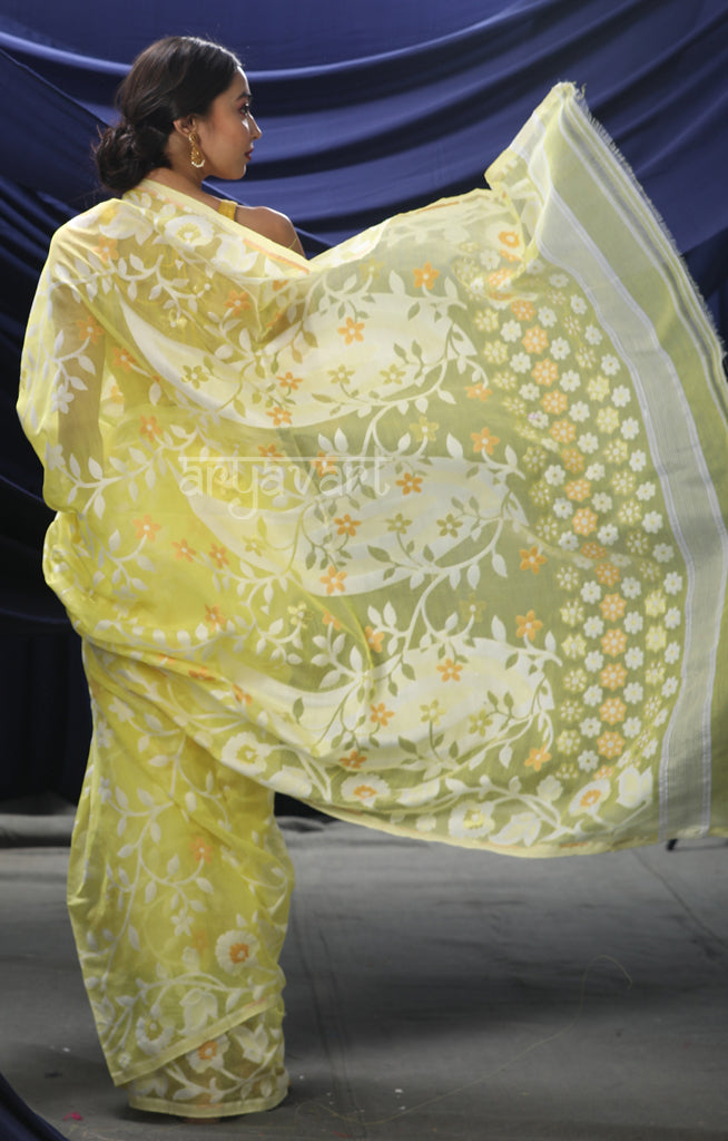 Lime Yellow Jamdani Saree with Striking Flower Vine Woven Design