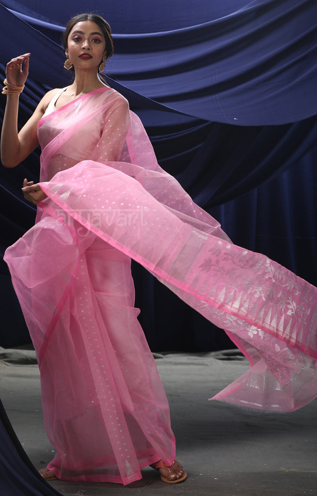 Baby Pink color with silver design Jamdani Saree
