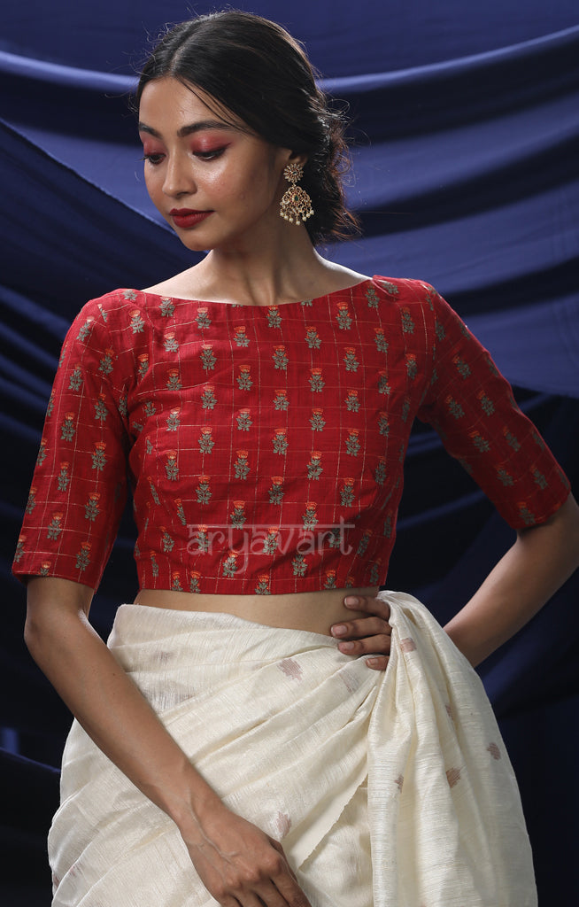 Earthy Red Blouse with Golden Checks and  Print