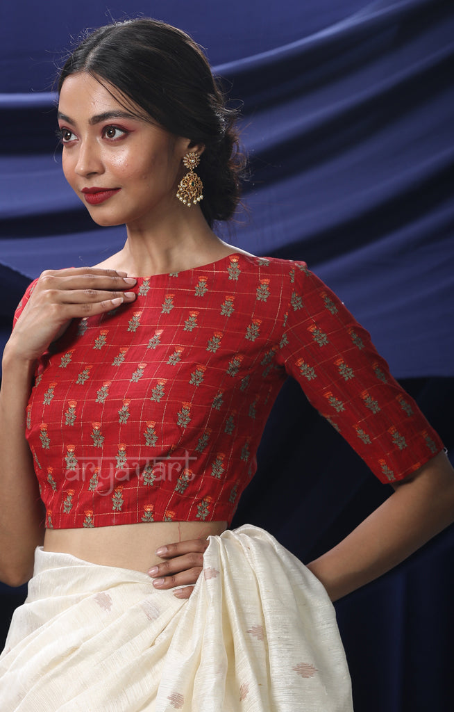 Earthy Red Blouse with Golden Checks and  Print