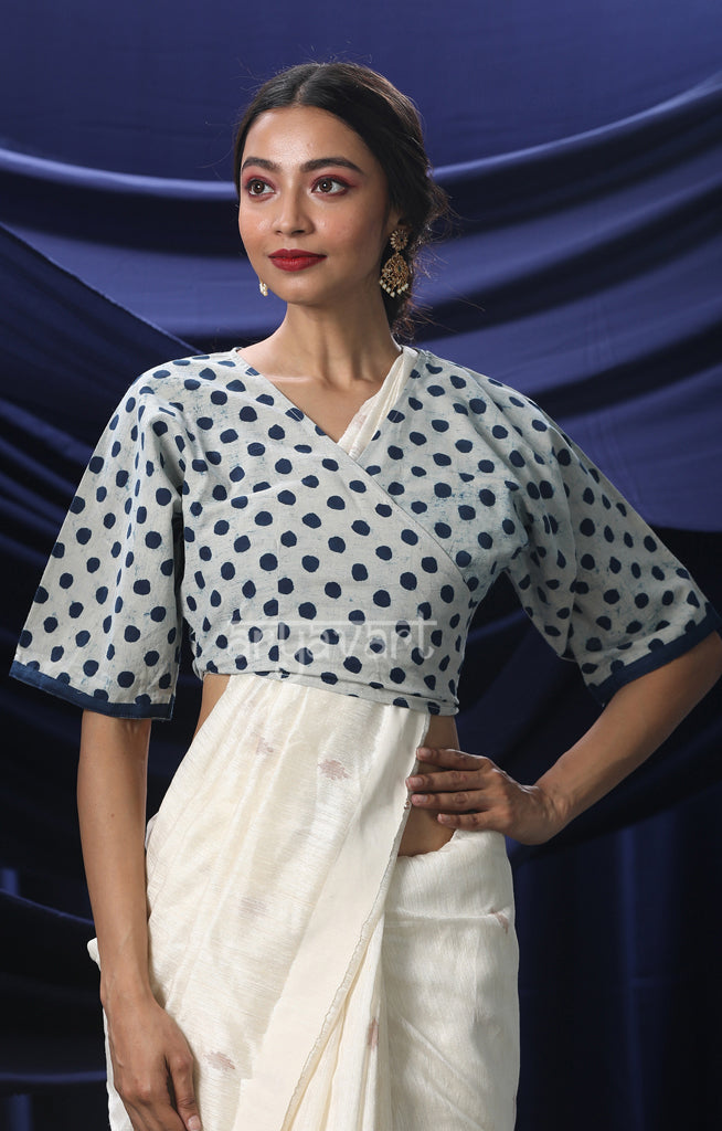 White color  Blouse With Indigo Blue Polka Dots