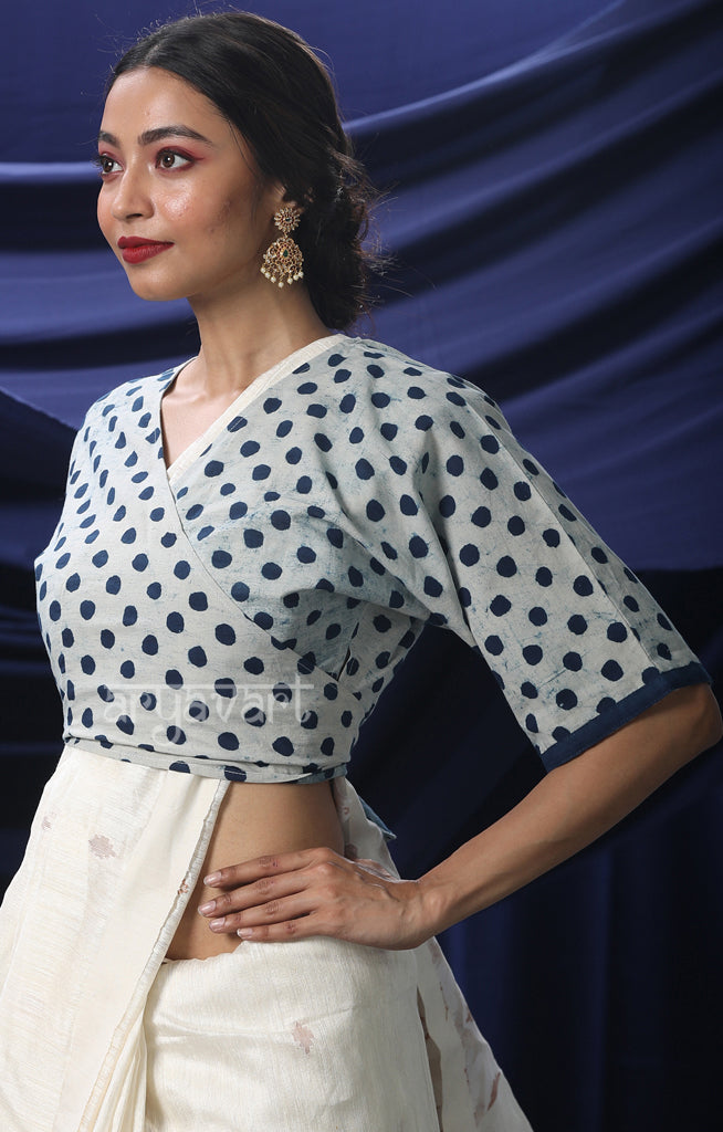 White color  Blouse With Indigo Blue Polka Dots