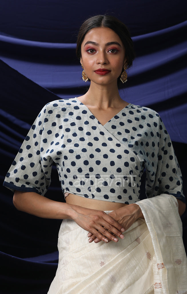 White color  Blouse With Indigo Blue Polka Dots