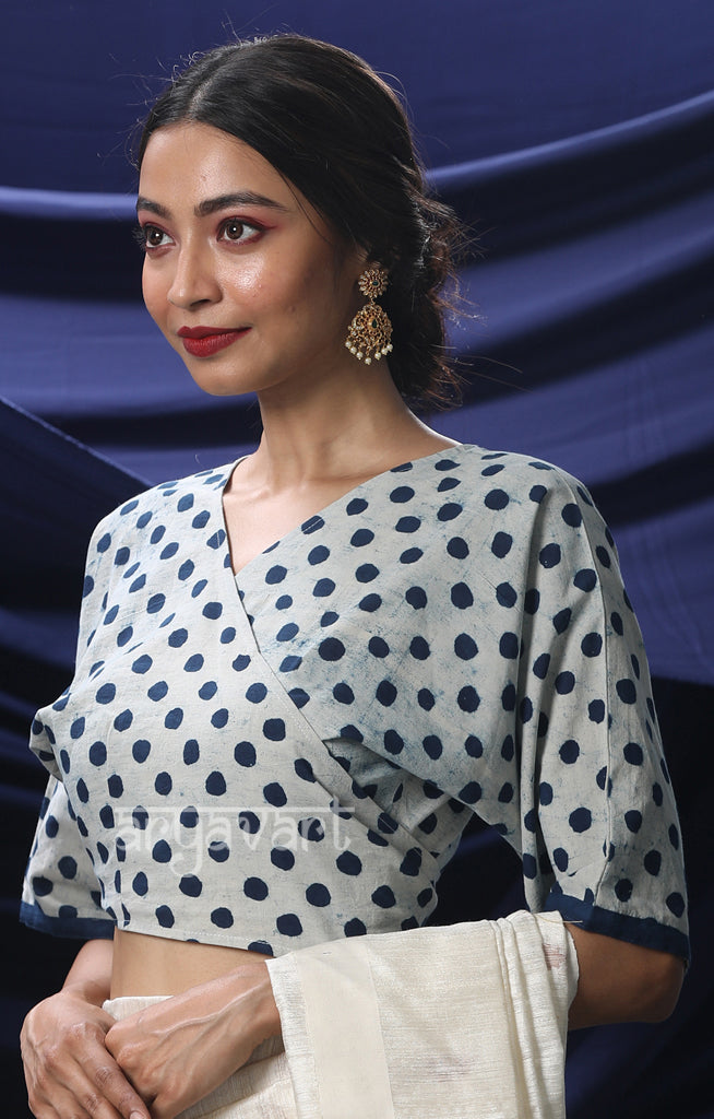 White color  Blouse With Indigo Blue Polka Dots