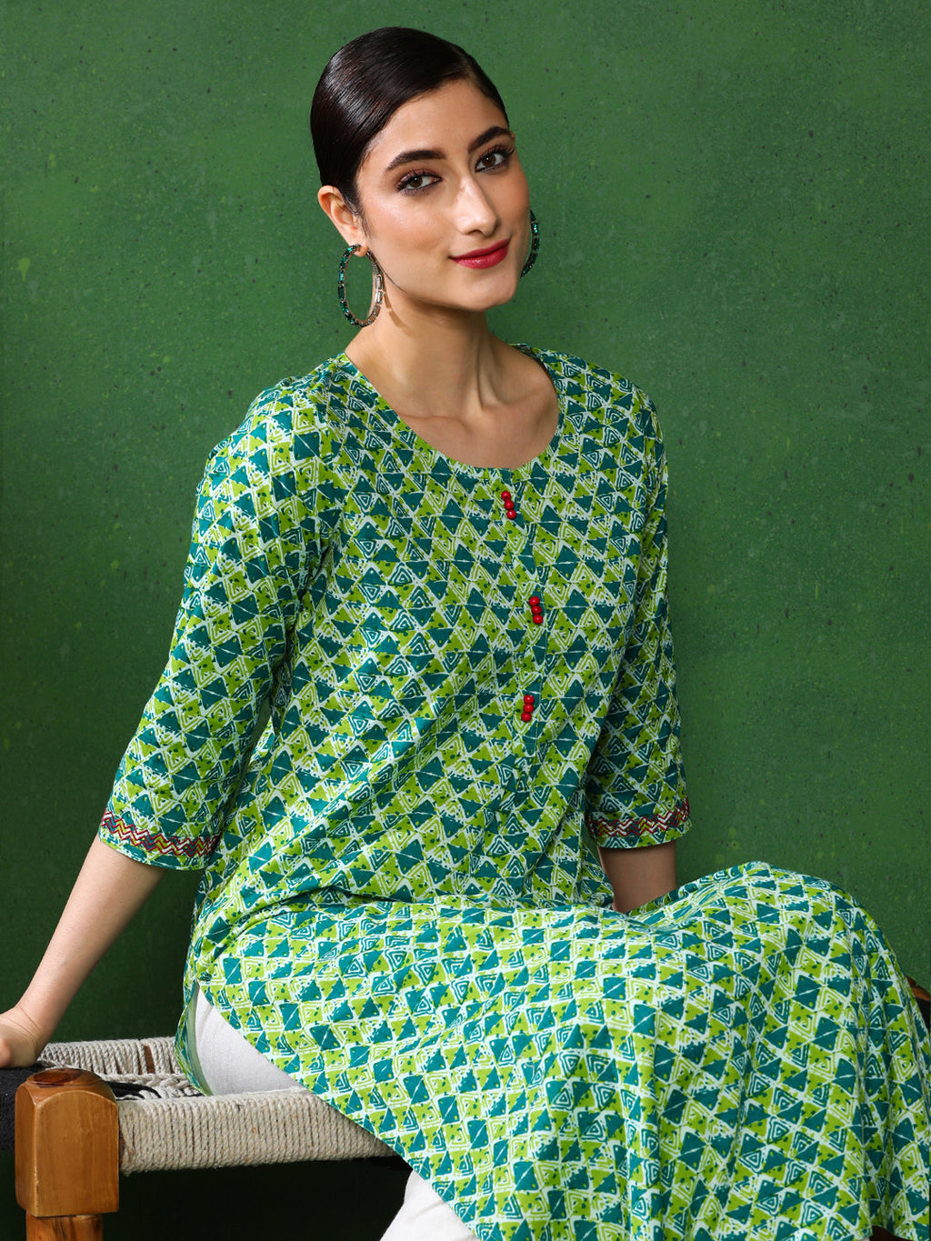 Green Blue Geometric Straight Kurta