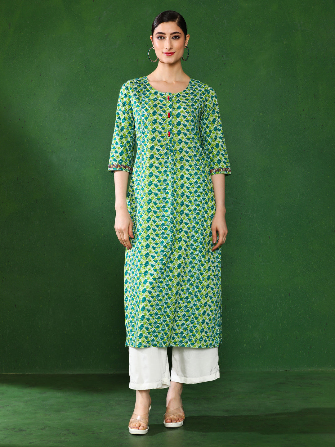 Green Blue Geometric Straight Kurta