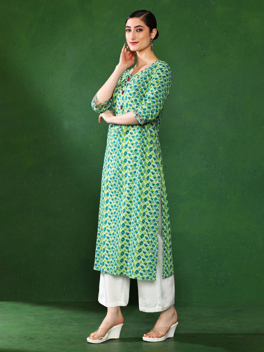Green Blue Geometric Straight Kurta
