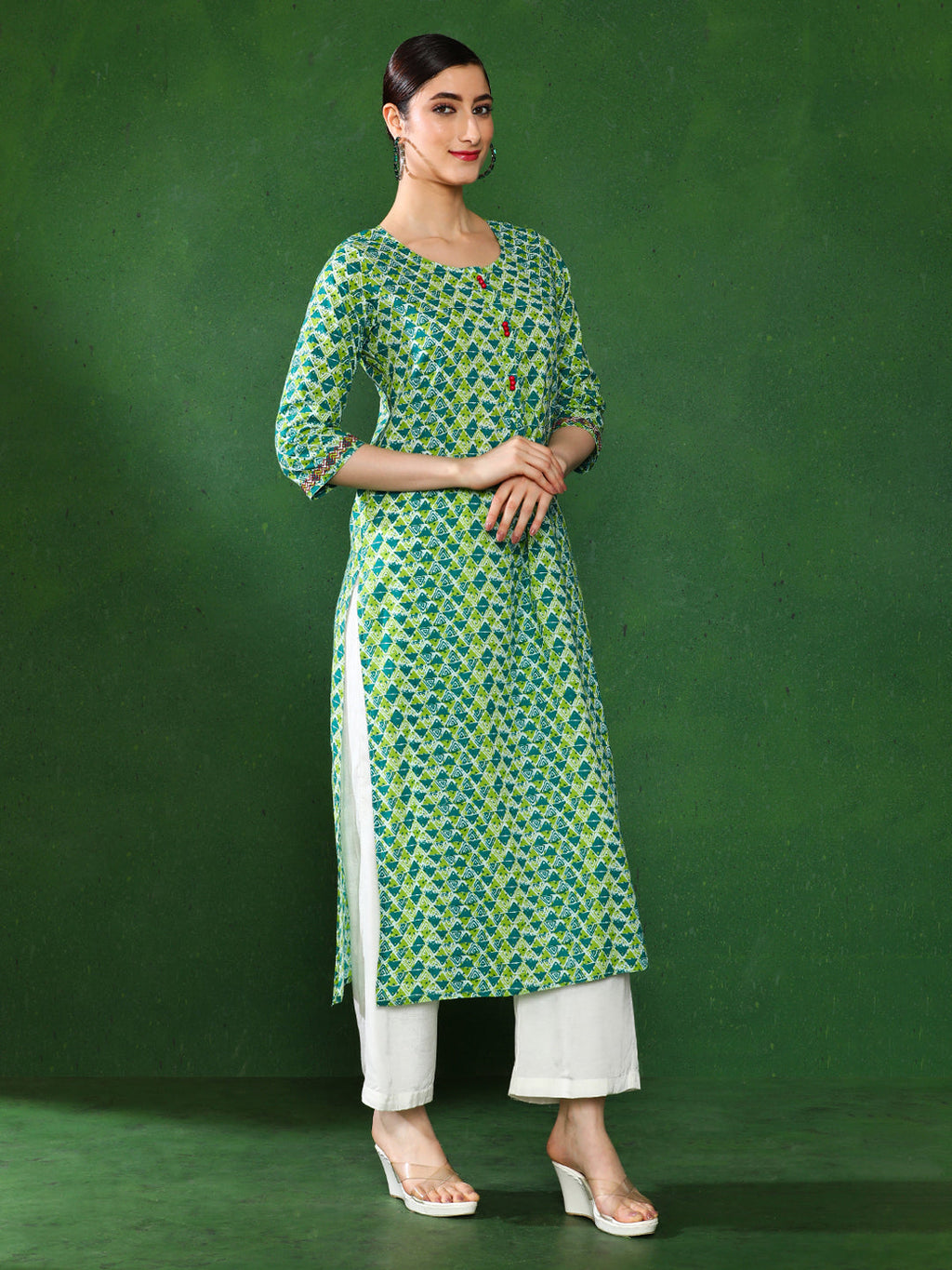 Green Blue Geometric Straight Kurta